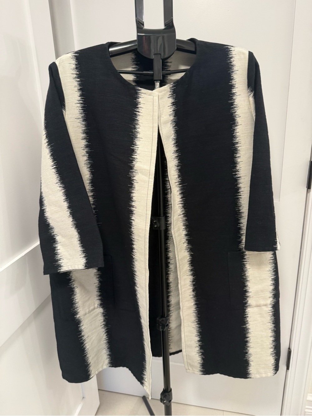Persona by Marina Rinaldi Cotton Silk Ikat Duster Coat Jacket Gray Black White